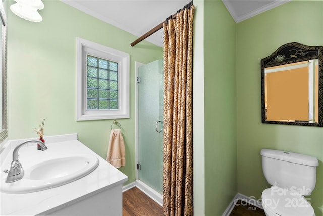262 8th Ave, Cramerton, NC 28032 - bathroom with crown molding, a shower stall, vanity, and wood finished floors