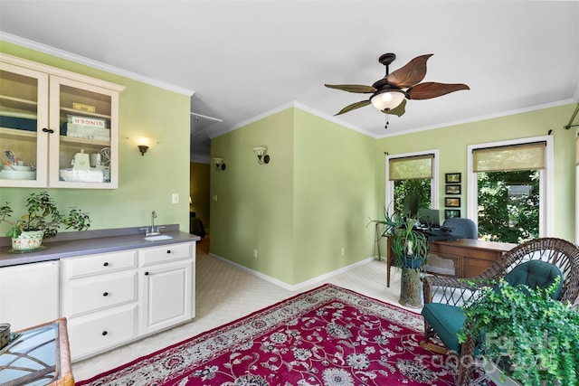 262 8th Ave, Cramerton, NC 28032 - living area featuring light carpet, a ceiling fan, crown molding, and a desk