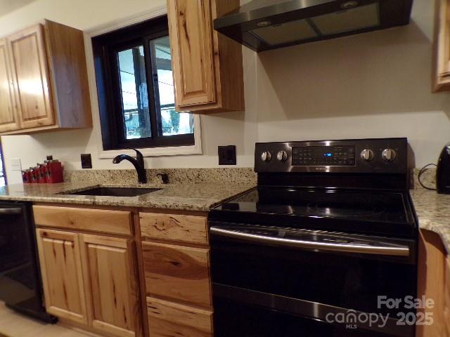 140 Beechwood Cir, Hendersonville, NC 28739 - kitchen with black electric range, range hood, dishwasher, and light stone countertops