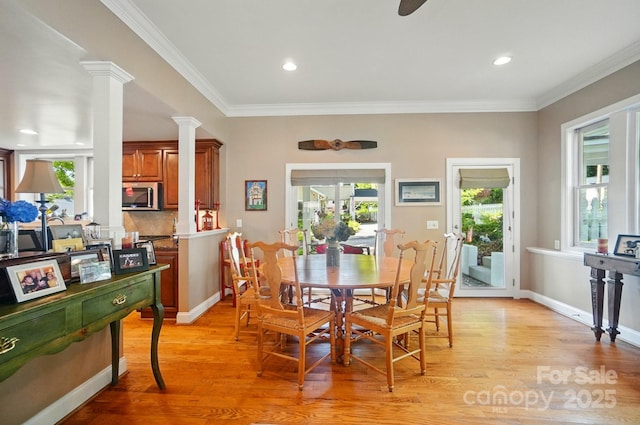 22 Poplar St, Belmont, NC 28012 - dining space with light wood-style floors, decorative columns, ornamental molding, recessed lighting, and ceiling fan
