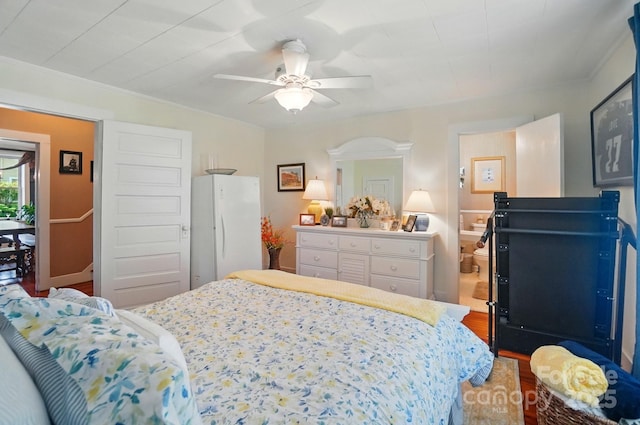 22 Poplar St, Belmont, NC 28012 - bedroom featuring freestanding refrigerator, ornamental molding, wood finished floors, ceiling fan, and ensuite bathroom