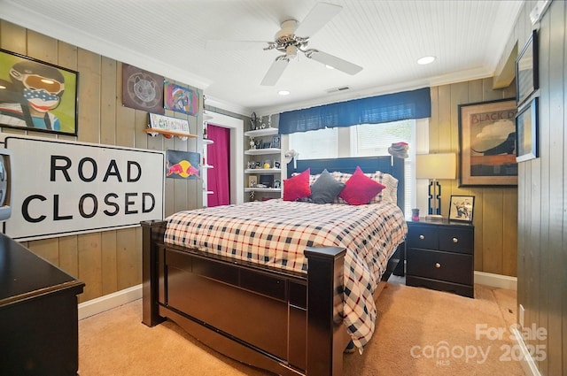 22 Poplar St, Belmont, NC 28012 - bedroom featuring wood walls, light colored carpet, ornamental molding, and ceiling fan