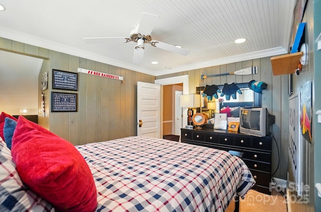 22 Poplar St, Belmont, NC 28012 - bedroom featuring crown molding, wooden walls, recessed lighting, ceiling fan, and a closet