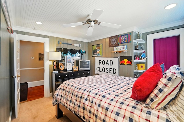 22 Poplar St, Belmont, NC 28012 - bedroom featuring crown molding, carpet floors, recessed lighting, a ceiling fan, and wooden walls