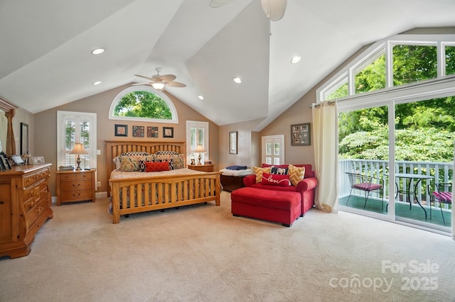 22 Poplar St, Belmont, NC 28012 - bedroom featuring access to exterior, lofted ceiling, light carpet, recessed lighting, and a ceiling fan