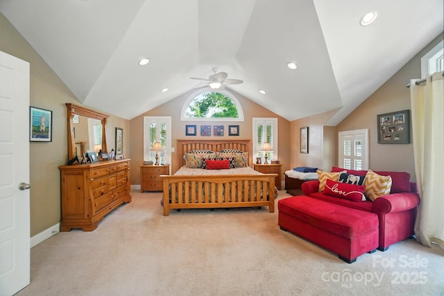 22 Poplar St, Belmont, NC 28012 - bedroom featuring light colored carpet, multiple windows, vaulted ceiling, recessed lighting, and ceiling fan
