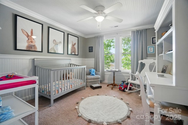 22 Poplar St, Belmont, NC 28012 - bedroom featuring carpet floors, ornamental molding, a wainscoted wall, and ceiling fan