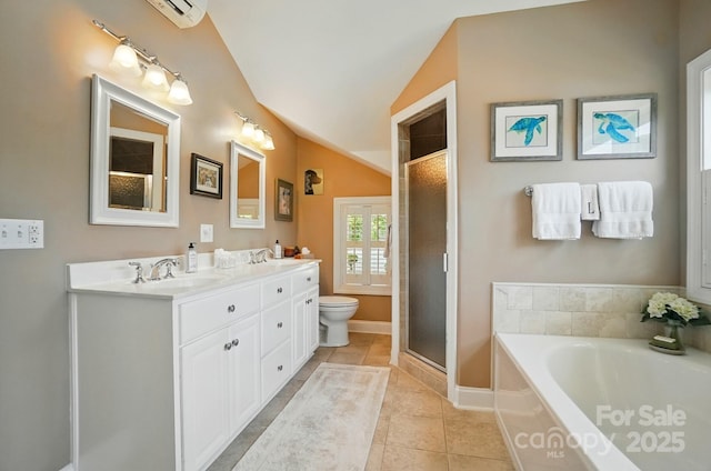 22 Poplar St, Belmont, NC 28012 - full bath featuring lofted ceiling, double vanity, a bath, a stall shower, and tile patterned floors