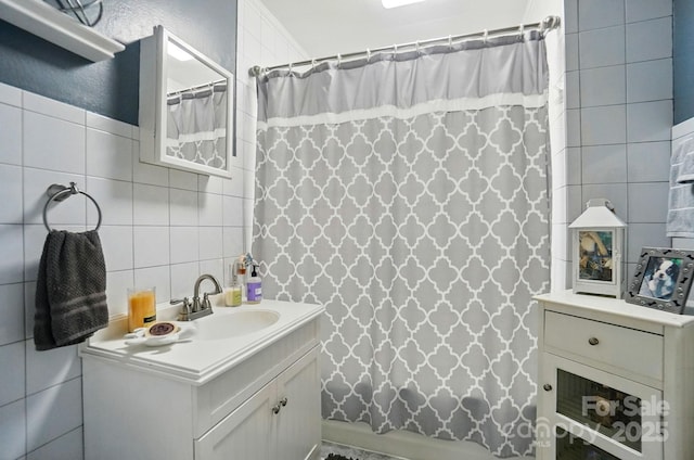 22 Poplar St, Belmont, NC 28012 - bathroom featuring tile walls, vanity, and a shower with shower curtain