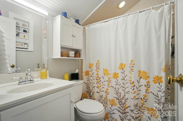 22 Poplar St, Belmont, NC 28012 - bathroom with vanity, a shower with curtain, and vaulted ceiling