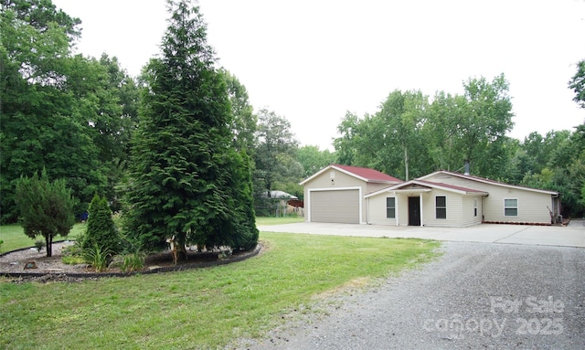 3974 Pleasant Plains Rd, Matthews, NC 28104 - ranch-style house with driveway, a garage, a front yard, and view of scattered trees
