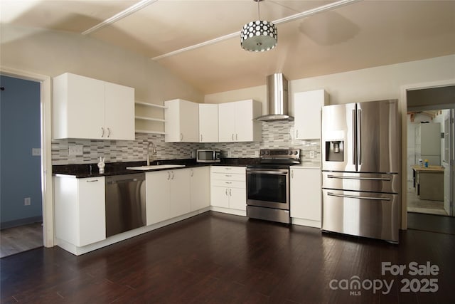 3974 Pleasant Plains Rd, Matthews, NC 28104 - kitchen with stainless steel appliances, vaulted ceiling, wall chimney exhaust hood, open shelves, and decorative backsplash