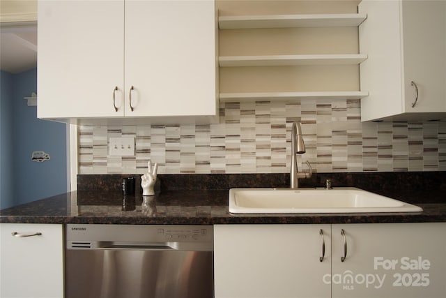 3974 Pleasant Plains Rd, Matthews, NC 28104 - kitchen featuring stainless steel dishwasher, open shelves, white cabinets, tasteful backsplash, and dark stone countertops