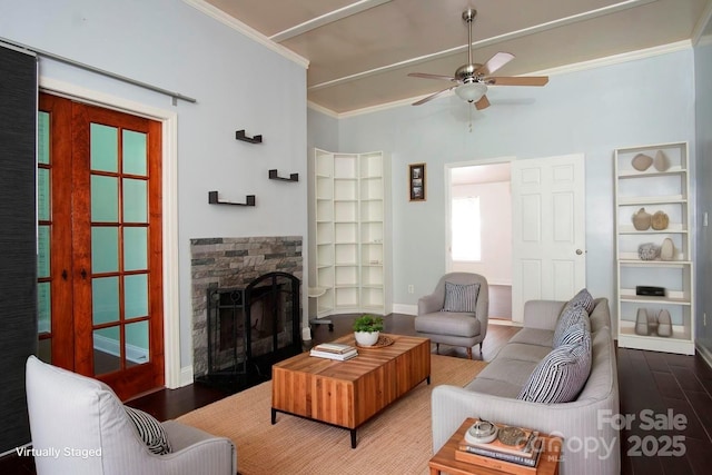 3974 Pleasant Plains Rd, Matthews, NC 28104 - living area with ceiling fan, wood finished floors, crown molding, and a fireplace