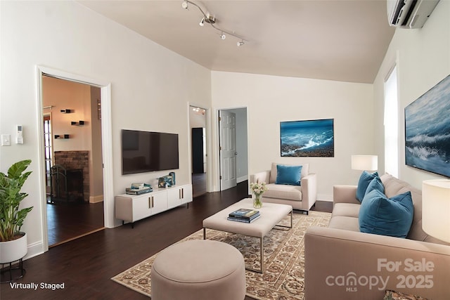 3974 Pleasant Plains Rd, Matthews, NC 28104 - living area featuring wood finished floors, a wall mounted AC, high vaulted ceiling, and track lighting
