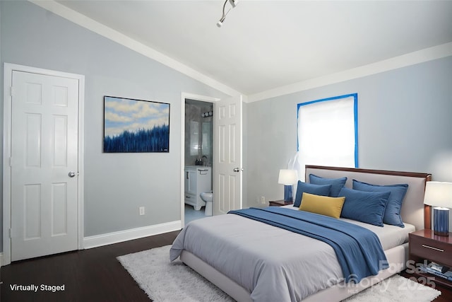 3974 Pleasant Plains Rd, Matthews, NC 28104 - bedroom featuring lofted ceiling, dark wood finished floors, and ensuite bathroom