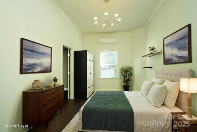 3974 Pleasant Plains Rd, Matthews, NC 28104 - bedroom featuring ornamental molding, a chandelier, dark wood finished floors, and an AC wall unit