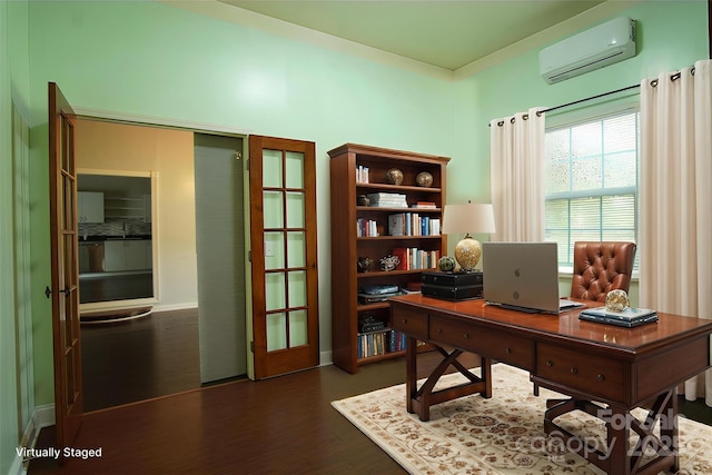 3974 Pleasant Plains Rd, Matthews, NC 28104 - office featuring dark wood-style flooring, a wall mounted AC, and french doors