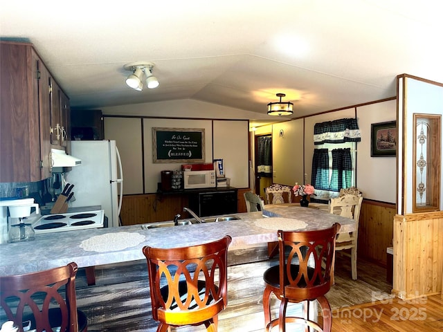 492 Chestnut Mountain Rd, Spruce Pine, NC 28777 - kitchen with wood finished floors, wainscoting, vaulted ceiling, white microwave, and ventilation hood