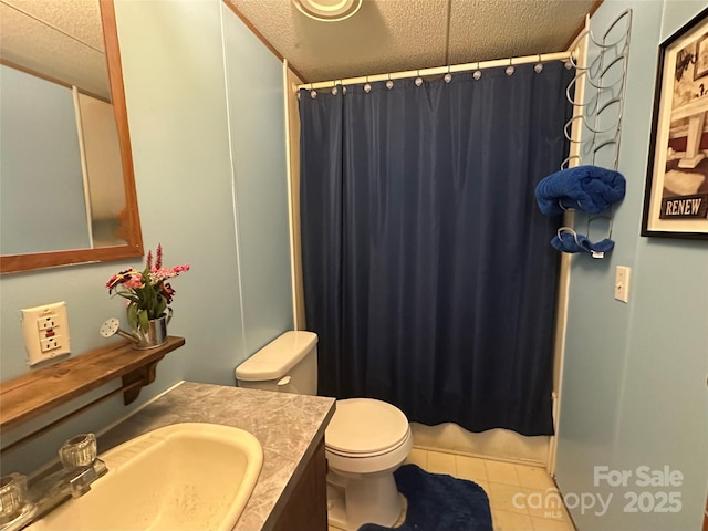 492 Chestnut Mountain Rd, Spruce Pine, NC 28777 - bathroom featuring tile patterned flooring, vanity, a textured ceiling, and shower / tub combo with curtain