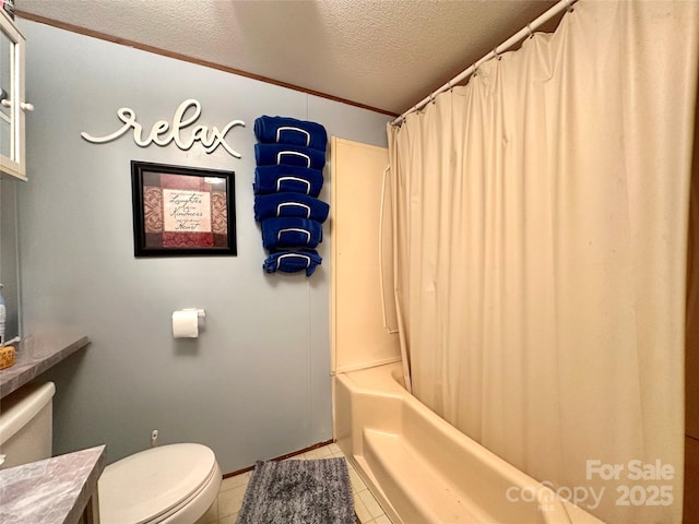 492 Chestnut Mountain Rd, Spruce Pine, NC 28777 - full bathroom featuring a textured ceiling, vanity, tile patterned flooring, shower / bathtub combination with curtain, and ornamental molding