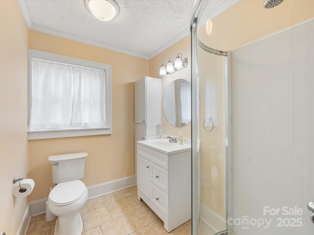 209 11th St, Spencer, NC 28159 - full bathroom with a shower stall, vanity, a textured ceiling, ornamental molding, and tile patterned floors