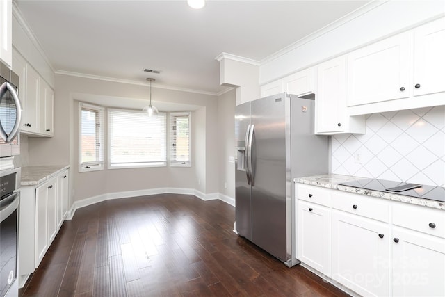 4350 Old Saybrook Ct, Charlotte, NC 28211 - kitchen featuring stainless steel appliances, backsplash, white cabinets, dark wood-style flooring, and crown molding