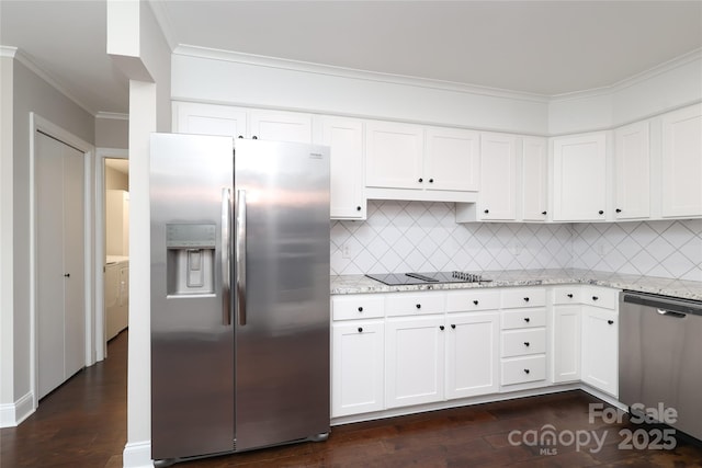 4350 Old Saybrook Ct, Charlotte, NC 28211 - kitchen with stainless steel appliances, crown molding, backsplash, light stone countertops, and dark wood-style floors
