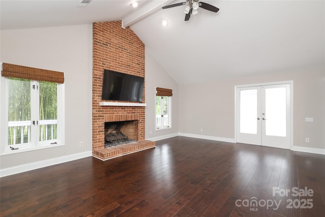 4350 Old Saybrook Ct, Charlotte, NC 28211 - unfurnished living room featuring a ceiling fan, french doors, a brick fireplace, beamed ceiling, and healthy amount of natural light