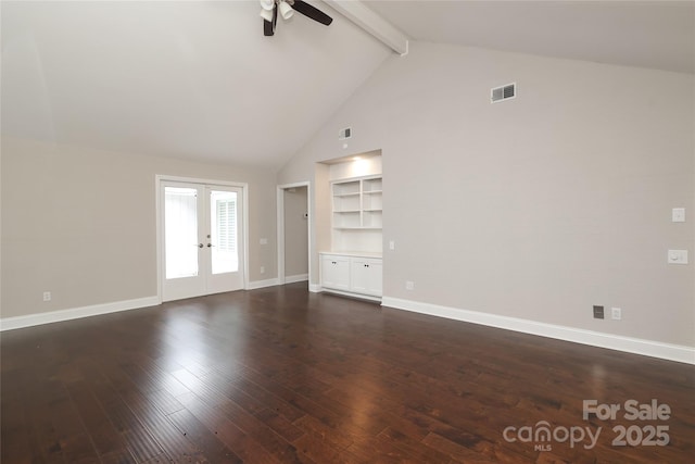 4350 Old Saybrook Ct, Charlotte, NC 28211 - unfurnished living room featuring french doors, ceiling fan, beamed ceiling, high vaulted ceiling, and dark wood-style floors