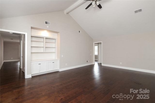4350 Old Saybrook Ct, Charlotte, NC 28211 - unfurnished living room with high vaulted ceiling, ceiling fan, dark wood-type flooring, built in features, and beam ceiling