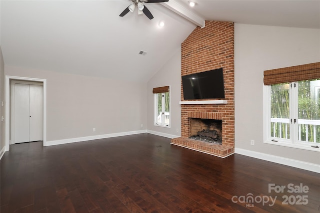 4350 Old Saybrook Ct, Charlotte, NC 28211 - unfurnished living room with wood-type flooring, ceiling fan, beam ceiling, a fireplace, and high vaulted ceiling