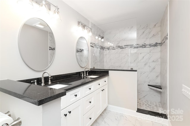 4350 Old Saybrook Ct, Charlotte, NC 28211 - bathroom with marble look tile flooring, double vanity, and walk in shower