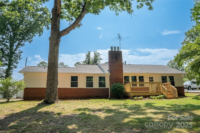 113 Oakleaf Dr, Landrum, SC 29356 - rear view of house featuring a yard, a wooden deck, a chimney, crawl space, and brick siding