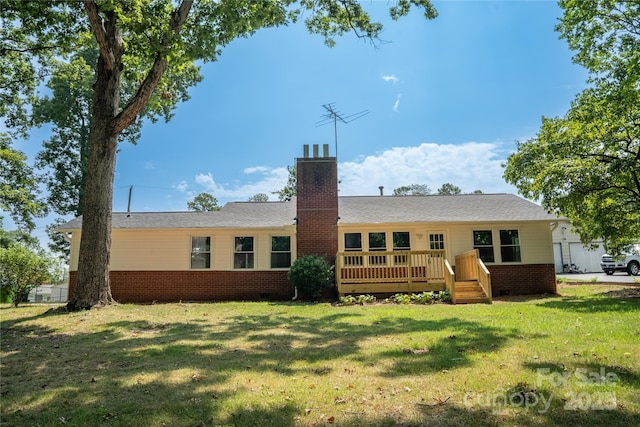 113 Oakleaf Dr, Landrum, SC 29356 - back of house featuring brick siding, a yard, a deck, a chimney, and crawl space