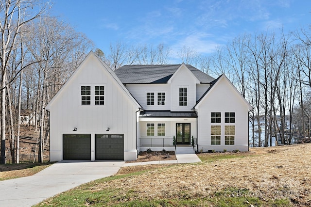 3830 Mill Run, Terrell, NC 28682 - modern farmhouse style home with board and batten siding, a standing seam roof, french doors, a metal roof, and a shingled roof