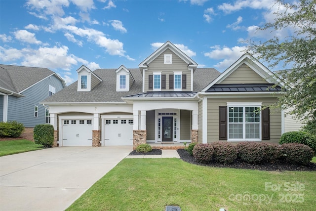 3021 Henshaw Rd, Waxhaw, NC 28173 - view of front of house featuring concrete driveway, a front yard, covered porch, a standing seam roof, and a metal roof
