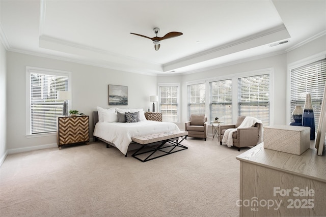 3021 Henshaw Rd, Waxhaw, NC 28173 - bedroom featuring a raised ceiling, light carpet, crown molding, and a ceiling fan