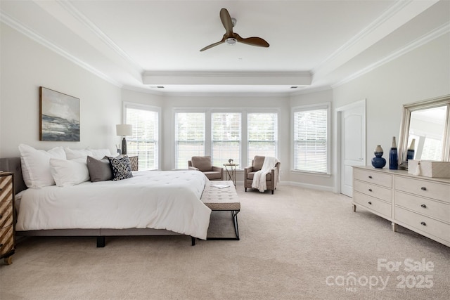 3021 Henshaw Rd, Waxhaw, NC 28173 - bedroom with a tray ceiling, ornamental molding, light colored carpet, and a ceiling fan