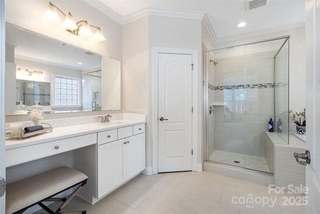 3021 Henshaw Rd, Waxhaw, NC 28173 - bathroom featuring crown molding, a shower stall, and vanity