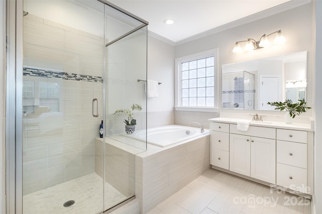 3021 Henshaw Rd, Waxhaw, NC 28173 - bathroom featuring vanity, a garden tub, a stall shower, crown molding, and tile patterned floors