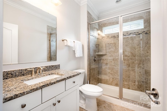 3021 Henshaw Rd, Waxhaw, NC 28173 - bathroom featuring a shower stall, vanity, and ornamental molding