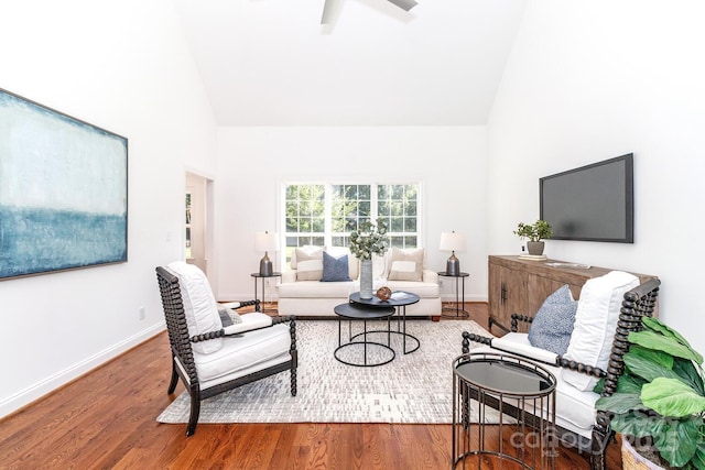 444 Cottonfield Cir, Waxhaw, NC 28173 - living room featuring high vaulted ceiling, wood finished floors, and a ceiling fan
