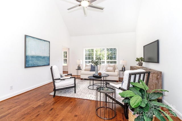 444 Cottonfield Cir, Waxhaw, NC 28173 - living room with high vaulted ceiling, wood finished floors, and a ceiling fan