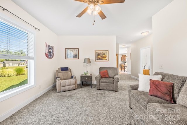 240 Red Cedar Rd, Mooresville, NC 28115 - carpeted living area featuring ceiling fan and baseboards