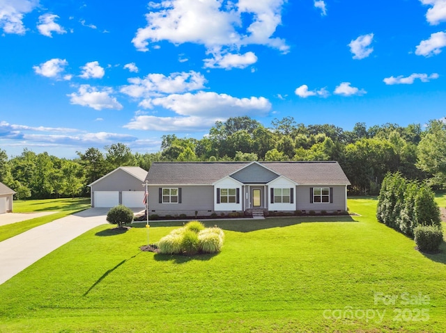 240 Red Cedar Rd, Mooresville, NC 28115 - ranch-style house featuring a front lawn, an outbuilding, concrete driveway, and a detached garage