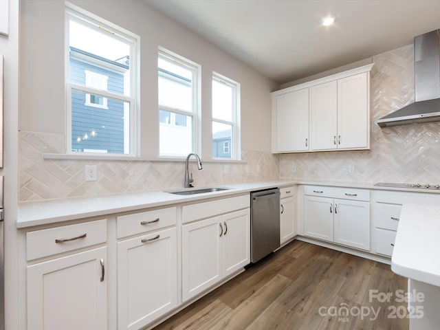 7004 Impulse Ct, Charlotte, NC 28205 - kitchen with wall chimney range hood, white cabinetry, tasteful backsplash, and dishwasher