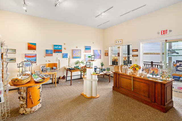 office space featuring a water view, track lighting, and light carpet