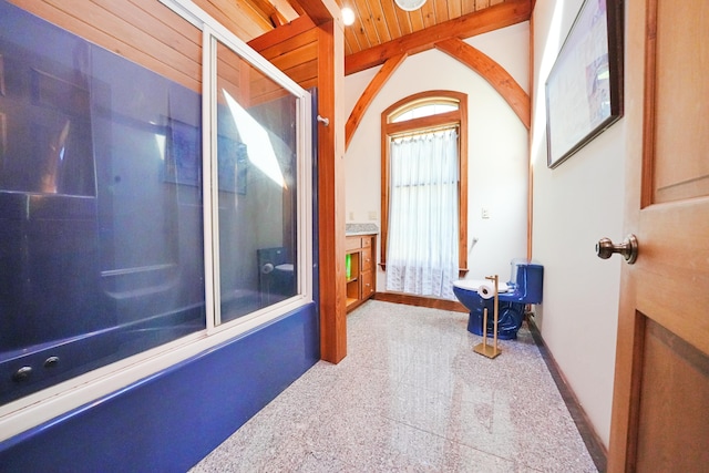 428 Main St, Orono, ME 04473 - hall featuring wood ceiling, carpet flooring, and lofted ceiling