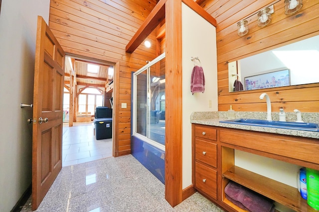 428 Main St, Orono, ME 04473 - full bath featuring wood walls, vanity, shower / bath combination with glass door, and wood ceiling